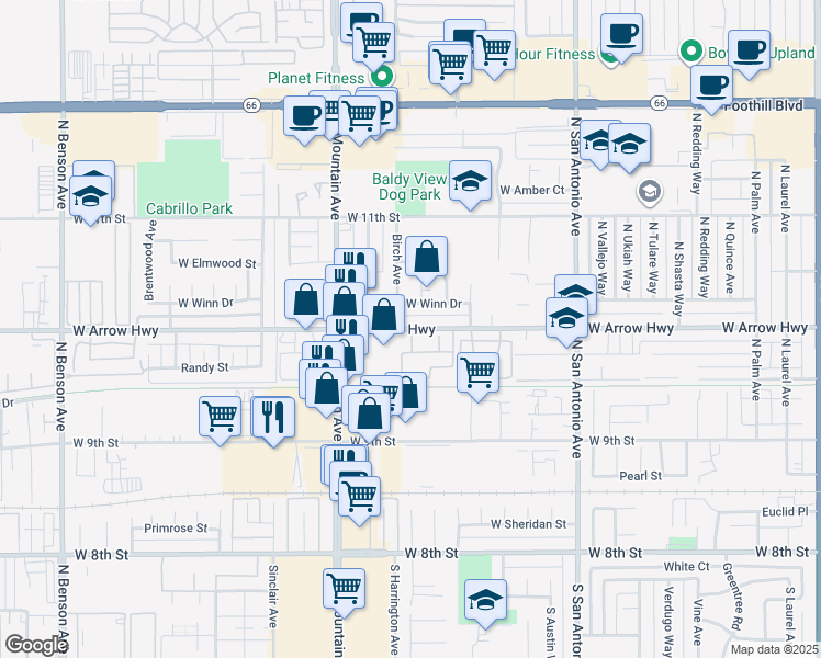 map of restaurants, bars, coffee shops, grocery stores, and more near 1087 West Arrow Highway in Upland