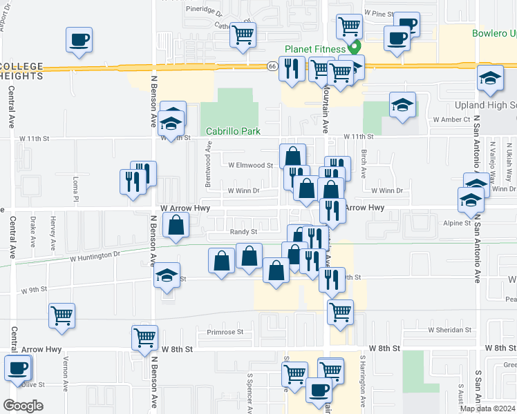 map of restaurants, bars, coffee shops, grocery stores, and more near 1380 West Arrow Highway in Upland