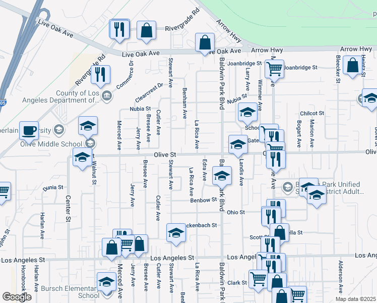 map of restaurants, bars, coffee shops, grocery stores, and more near 14043 Olive Street in Baldwin Park