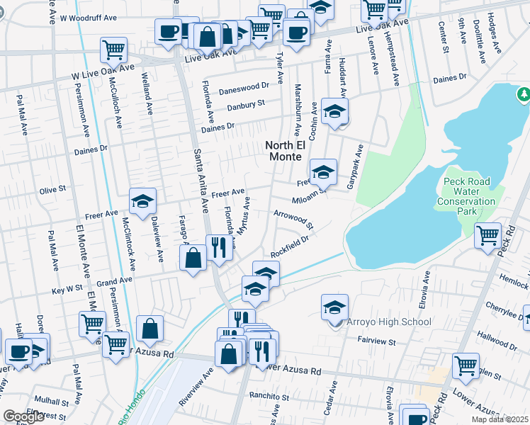 map of restaurants, bars, coffee shops, grocery stores, and more near 5206 Myrtus Avenue in Temple City