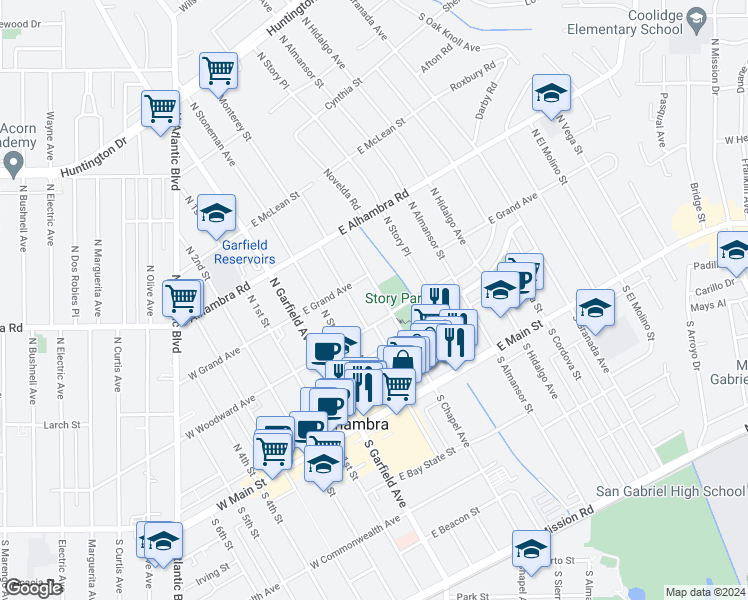 map of restaurants, bars, coffee shops, grocery stores, and more near 316 North Monterey Street in Alhambra