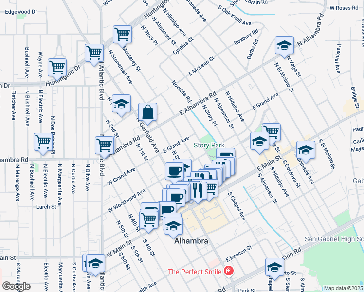 map of restaurants, bars, coffee shops, grocery stores, and more near 338 North Stoneman Avenue in Alhambra