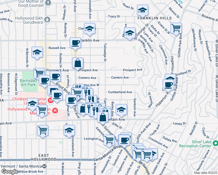 map of restaurants, bars, coffee shops, grocery stores, and more near 4217 Cumberland Avenue in Los Angeles