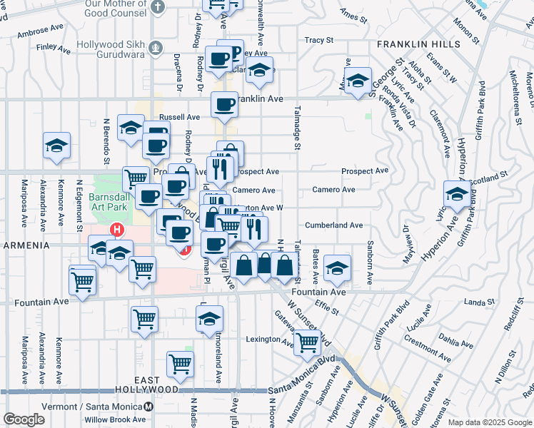 map of restaurants, bars, coffee shops, grocery stores, and more near 1547 North Commonwealth Avenue in Los Angeles