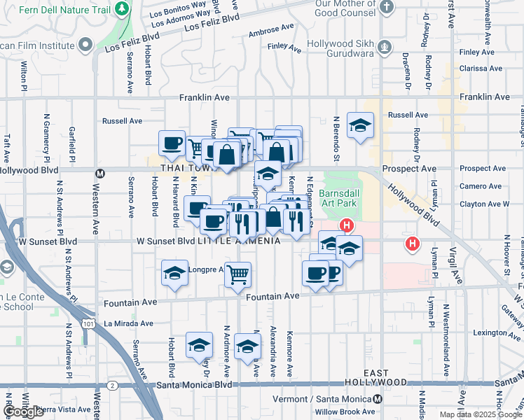 map of restaurants, bars, coffee shops, grocery stores, and more near 1542 North Mariposa Avenue in Los Angeles