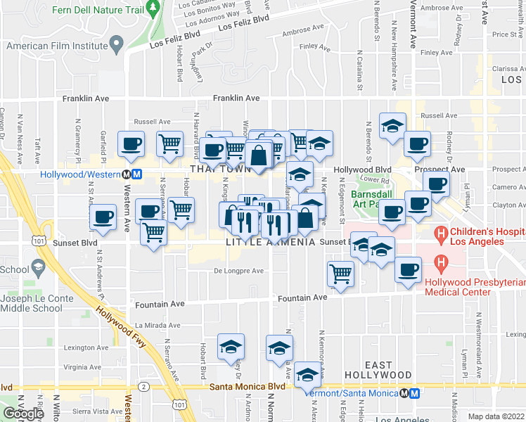 map of restaurants, bars, coffee shops, grocery stores, and more near 1533 North Normandie Avenue in Los Angeles