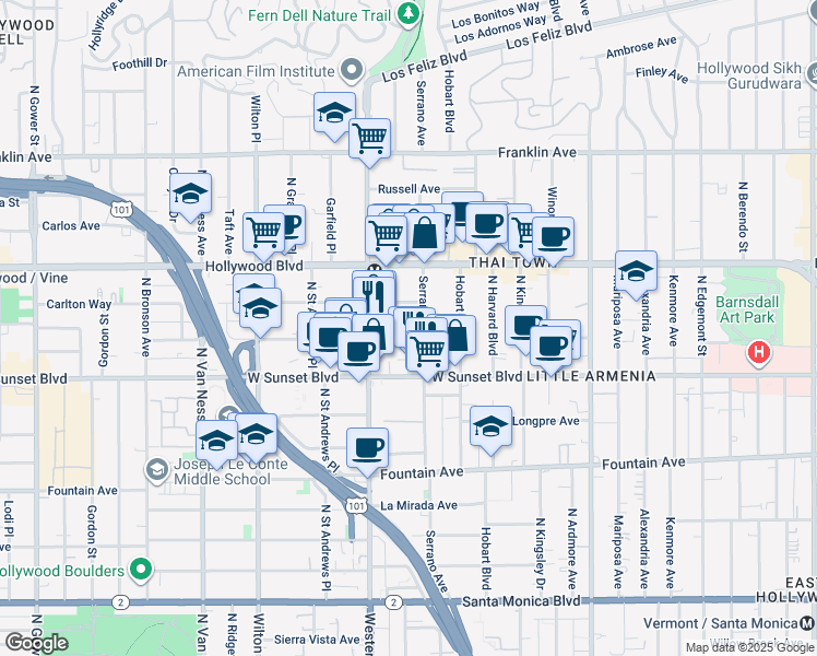 map of restaurants, bars, coffee shops, grocery stores, and more near 5425 Harold Way in Los Angeles