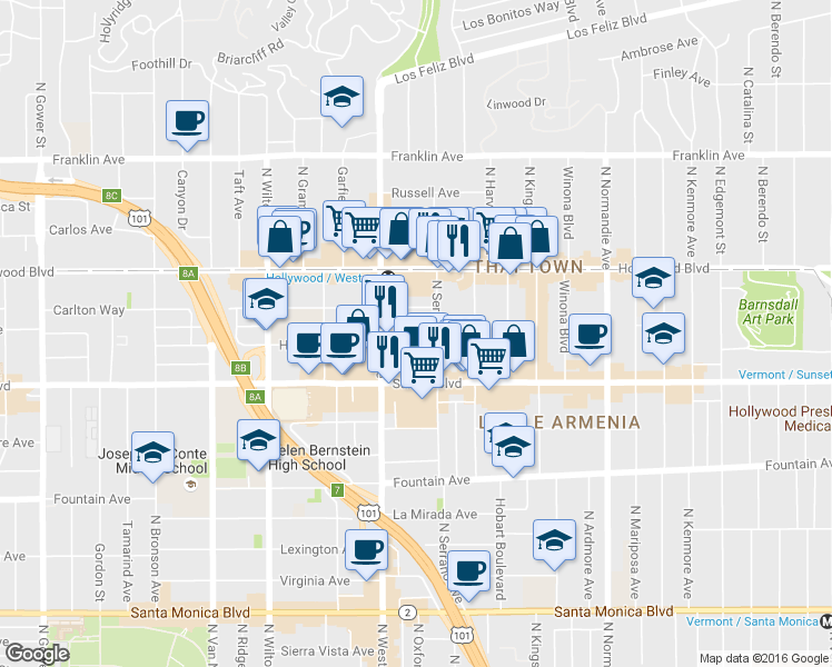 map of restaurants, bars, coffee shops, grocery stores, and more near 5425 Harold Way in Los Angeles