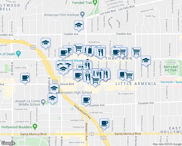 map of restaurants, bars, coffee shops, grocery stores, and more near 5425 Harold Way in Los Angeles
