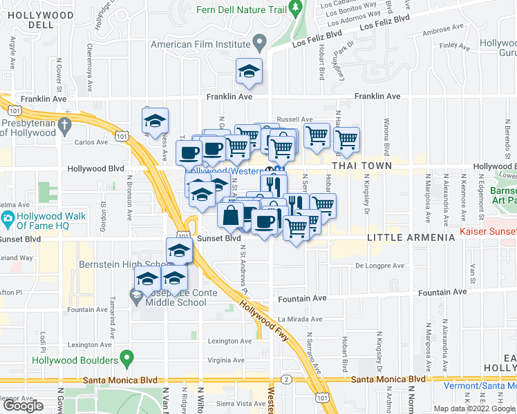 map of restaurants, bars, coffee shops, grocery stores, and more near in Los Angeles