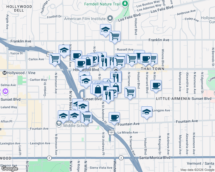 map of restaurants, bars, coffee shops, grocery stores, and more near 5543 1/2 Harold Way in Los Angeles