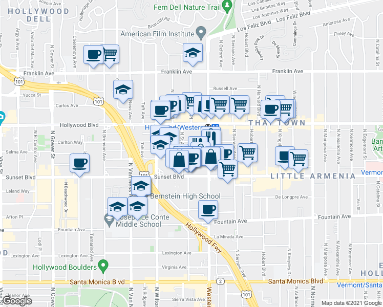 map of restaurants, bars, coffee shops, grocery stores, and more near 5543 1/2 Harold Way in Los Angeles
