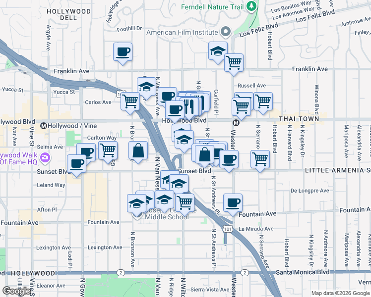 map of restaurants, bars, coffee shops, grocery stores, and more near 5707 Harold Way in Los Angeles