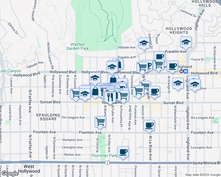 map of restaurants, bars, coffee shops, grocery stores, and more near 7346 Hawthorn Avenue in Los Angeles