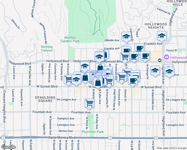 map of restaurants, bars, coffee shops, grocery stores, and more near 7346 Hawthorn Avenue in Los Angeles