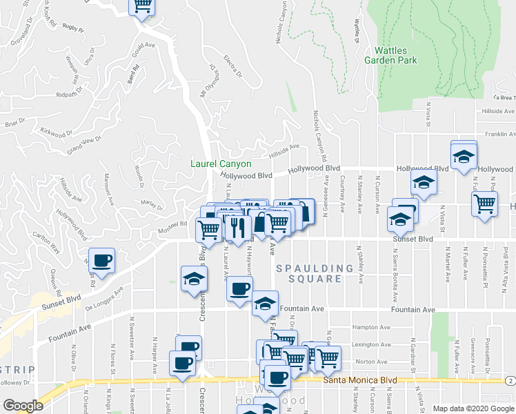 map of restaurants, bars, coffee shops, grocery stores, and more near 1547 North Fairfax Avenue in Los Angeles