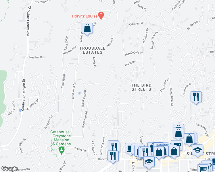 map of restaurants, bars, coffee shops, grocery stores, and more near 1106 Hillcrest Road in Beverly Hills