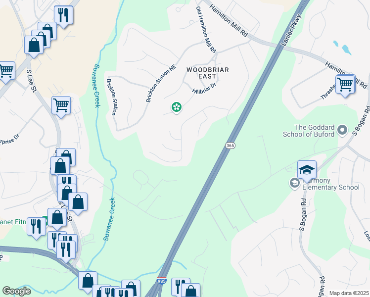map of restaurants, bars, coffee shops, grocery stores, and more near 4466 Woodland Bank Boulevard in Buford
