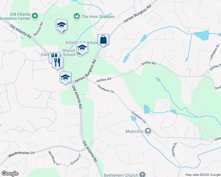 map of restaurants, bars, coffee shops, grocery stores, and more near 1875 Southers Circle in Suwanee