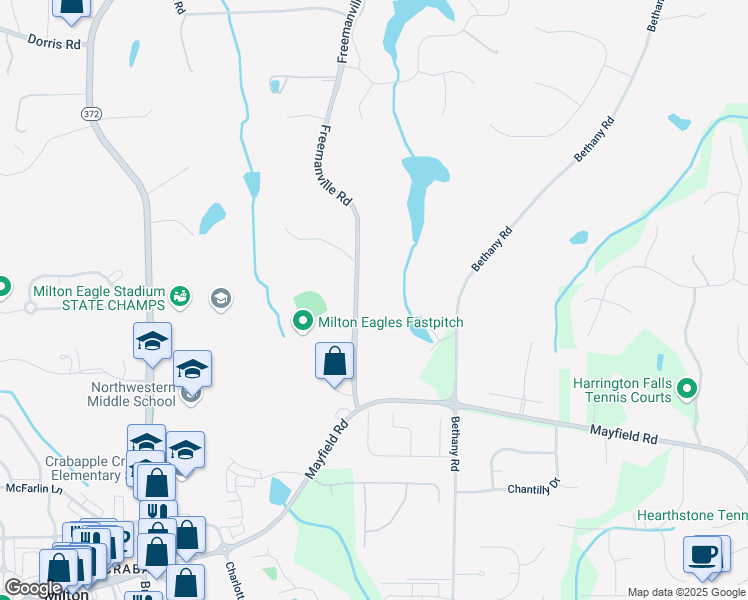 map of restaurants, bars, coffee shops, grocery stores, and more near 13039 Freemanville Road in Alpharetta