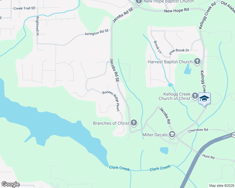 map of restaurants, bars, coffee shops, grocery stores, and more near 115 Boones Ridge Parkway in Acworth
