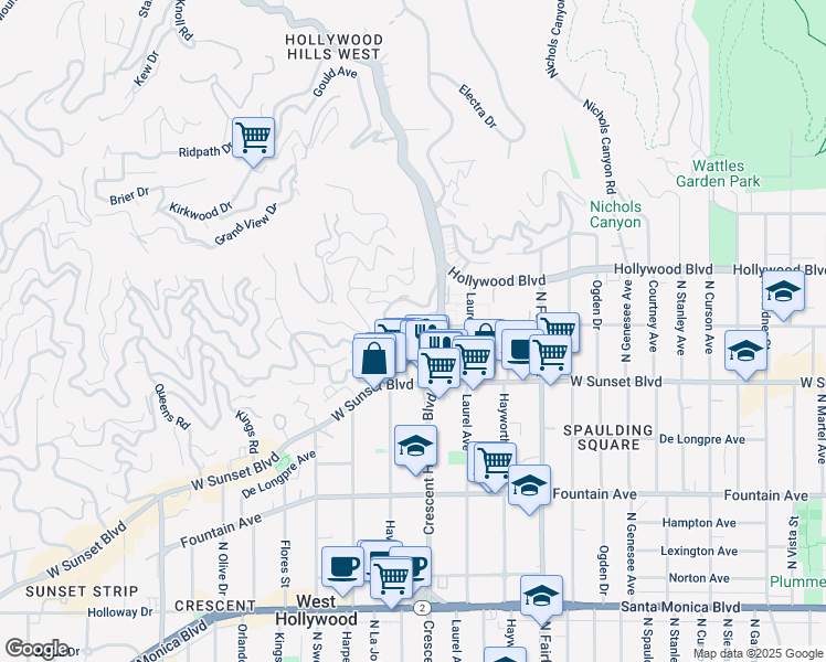 map of restaurants, bars, coffee shops, grocery stores, and more near 1558 North Crescent Heights Boulevard in West Hollywood