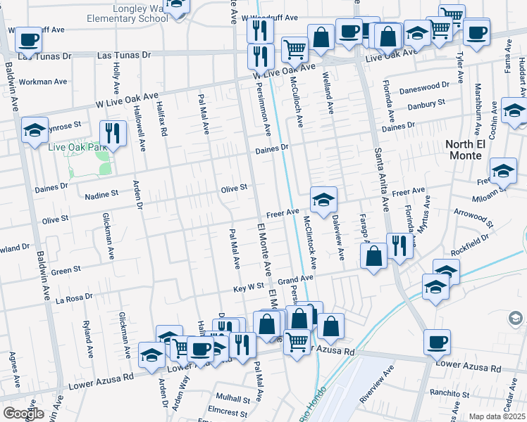 map of restaurants, bars, coffee shops, grocery stores, and more near 10703 Freer Street in Temple City