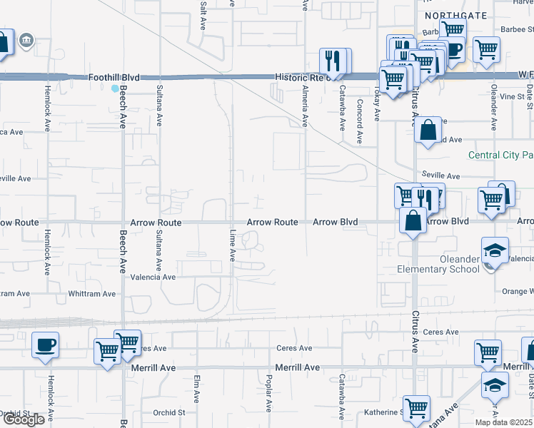 map of restaurants, bars, coffee shops, grocery stores, and more near 15682 Arrow Boulevard in Fontana