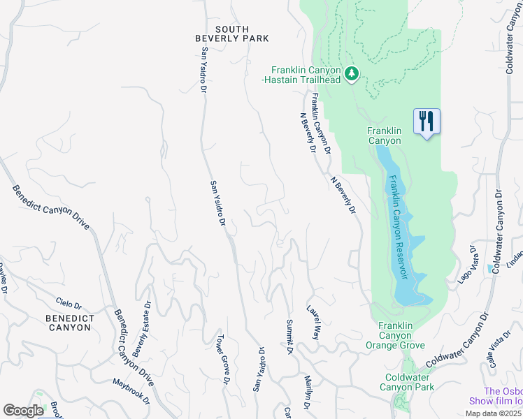 map of restaurants, bars, coffee shops, grocery stores, and more near 1600 Summitridge Drive in Beverly Hills
