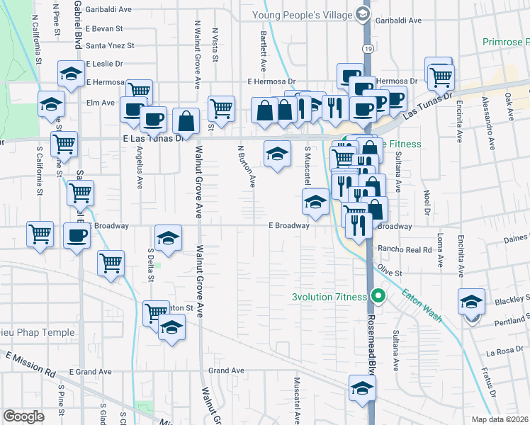 map of restaurants, bars, coffee shops, grocery stores, and more near 280 South Burton Avenue in San Gabriel