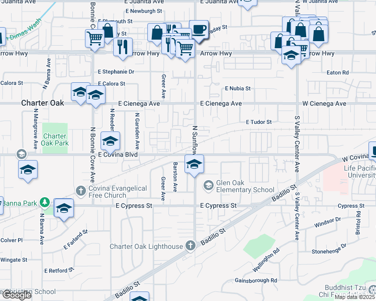 map of restaurants, bars, coffee shops, grocery stores, and more near 4805 North Sunflower Avenue in Covina