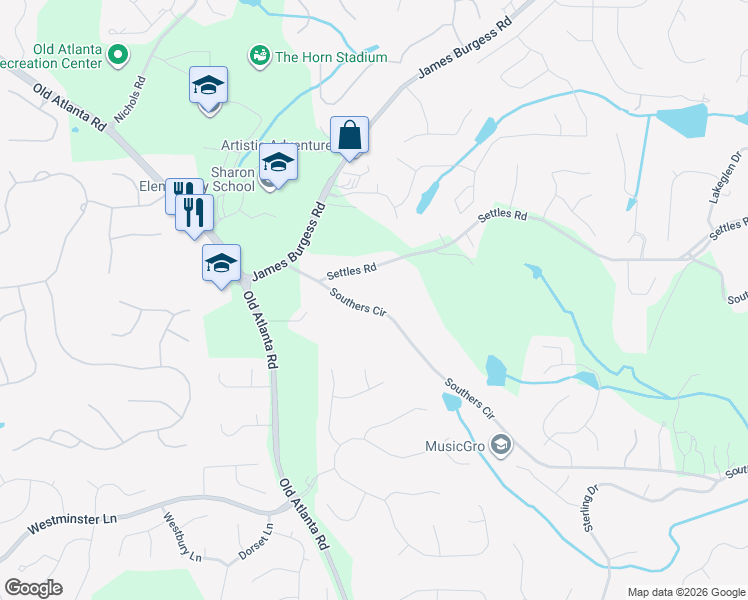 map of restaurants, bars, coffee shops, grocery stores, and more near 1875 Southers Circle in Suwanee