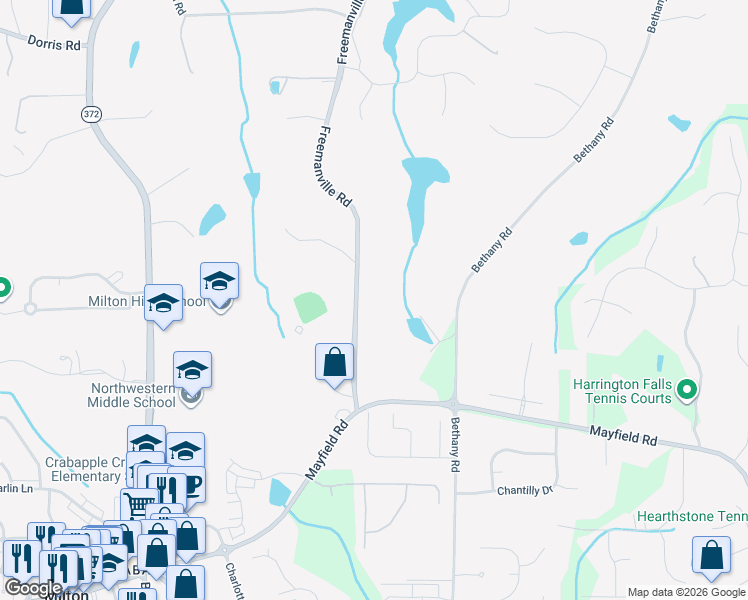map of restaurants, bars, coffee shops, grocery stores, and more near 13039 Freemanville Road in Alpharetta