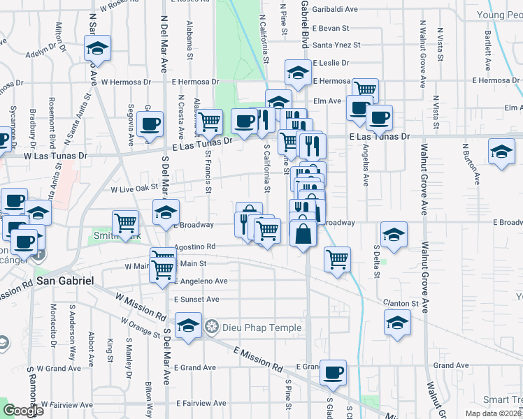 map of restaurants, bars, coffee shops, grocery stores, and more near 259 South California Street in San Gabriel