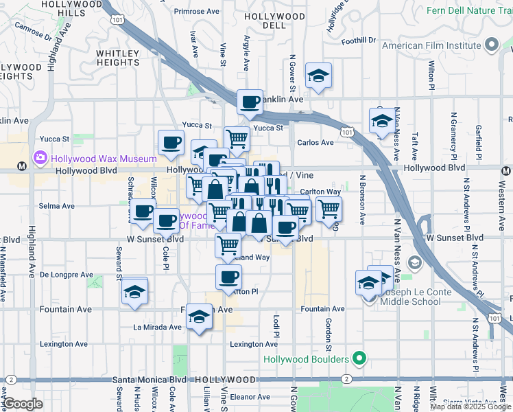 map of restaurants, bars, coffee shops, grocery stores, and more near 1559 North El Centro Avenue in Los Angeles