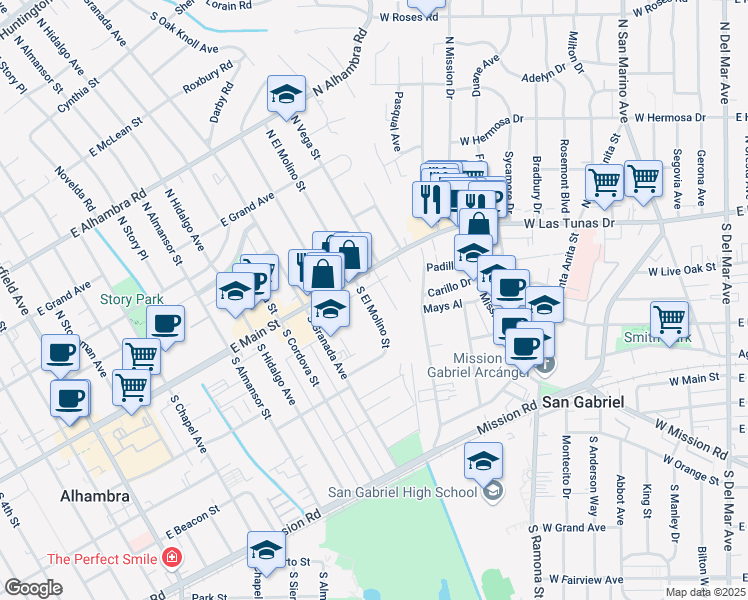 map of restaurants, bars, coffee shops, grocery stores, and more near 26 South El Molino Street in Alhambra