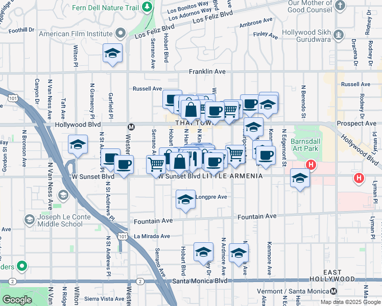 map of restaurants, bars, coffee shops, grocery stores, and more near 1550 North Harvard Boulevard in Los Angeles