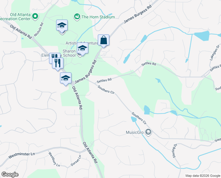 map of restaurants, bars, coffee shops, grocery stores, and more near 1875 Southers Circle in Suwanee