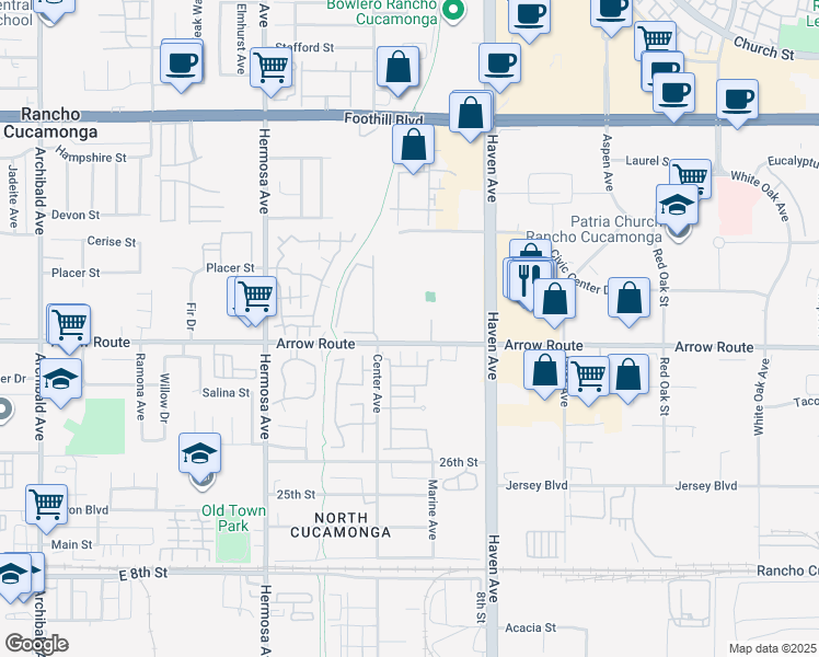 map of restaurants, bars, coffee shops, grocery stores, and more near in Rancho Cucamonga