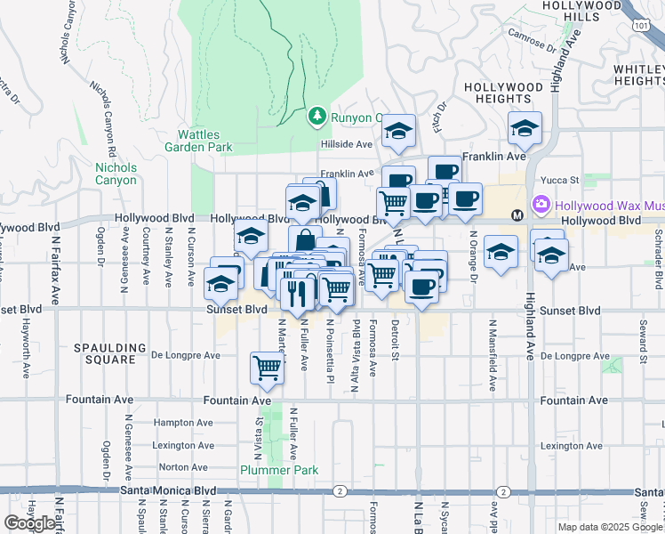 map of restaurants, bars, coffee shops, grocery stores, and more near 7260 Hawthorn Avenue in Los Angeles