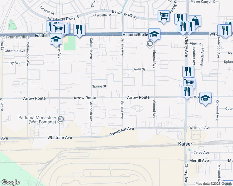 map of restaurants, bars, coffee shops, grocery stores, and more near 14070 Arrow Route in Fontana