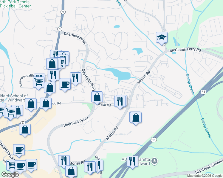 map of restaurants, bars, coffee shops, grocery stores, and more near 3380 New Fawn Lane in Milton