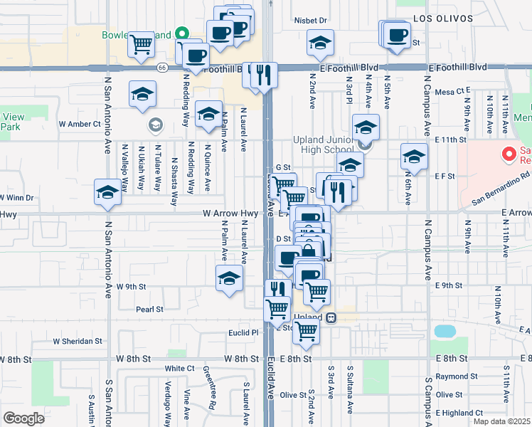 map of restaurants, bars, coffee shops, grocery stores, and more near N Euclid Ave & W Arrow Hwy in Upland