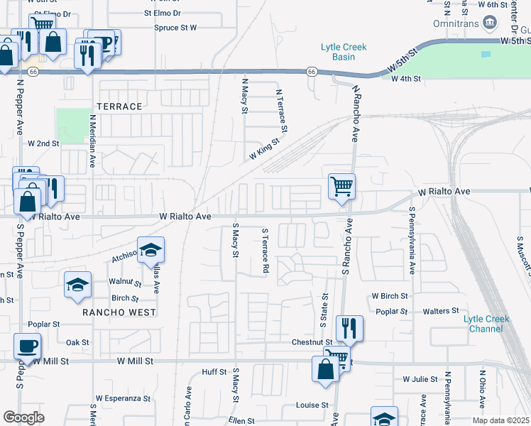 map of restaurants, bars, coffee shops, grocery stores, and more near 2160 West Rialto Avenue in San Bernardino