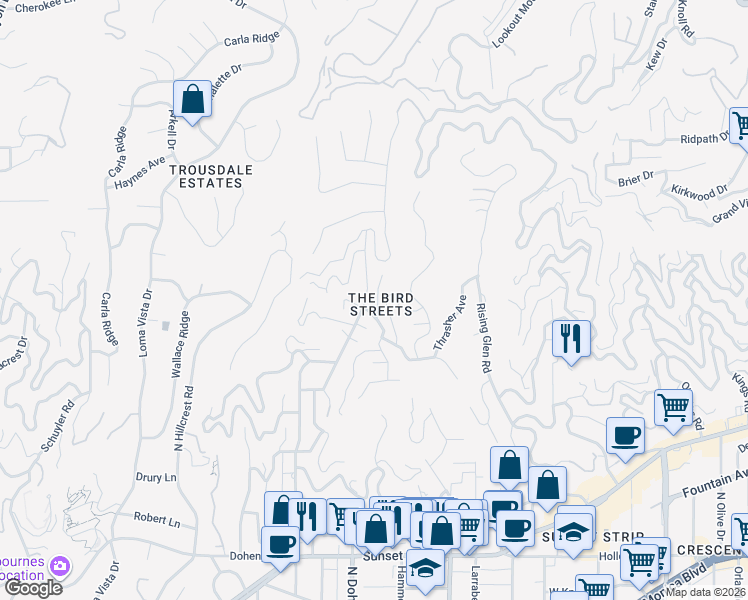 map of restaurants, bars, coffee shops, grocery stores, and more near 1517 Oriole Lane in Los Angeles