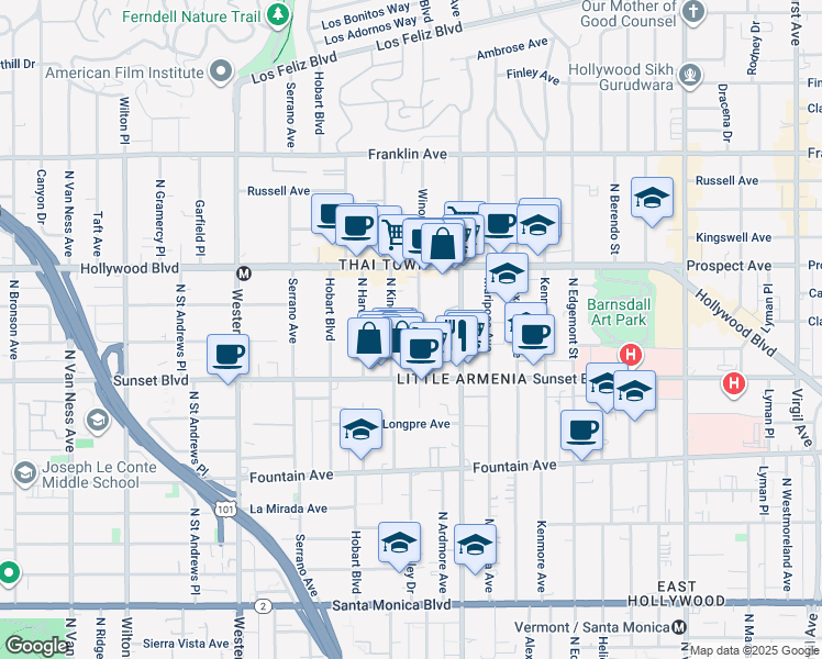 map of restaurants, bars, coffee shops, grocery stores, and more near 1559 Winona Boulevard in Los Angeles