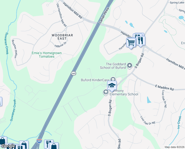map of restaurants, bars, coffee shops, grocery stores, and more near 2358 East Maddox Road in Buford