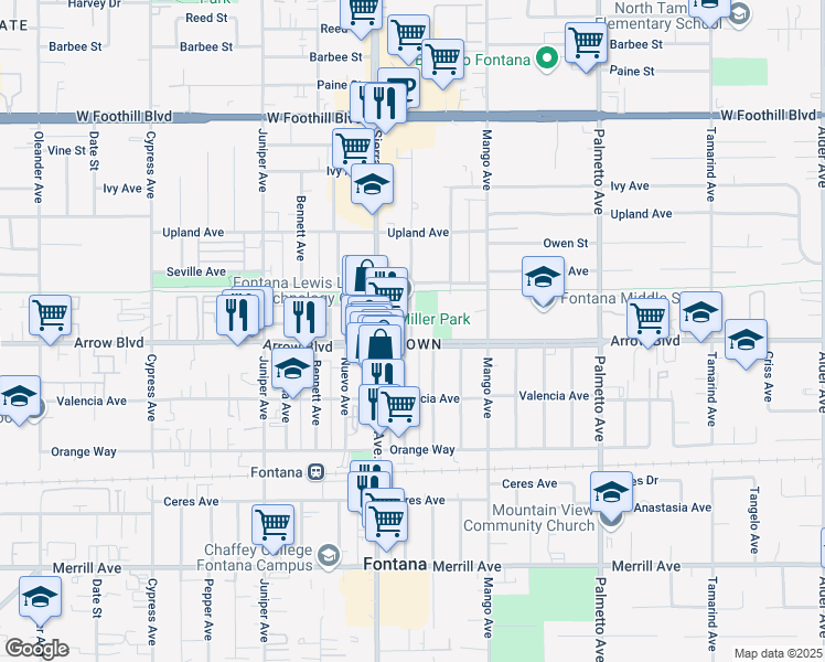 map of restaurants, bars, coffee shops, grocery stores, and more near 16980 Arrow Boulevard in Fontana