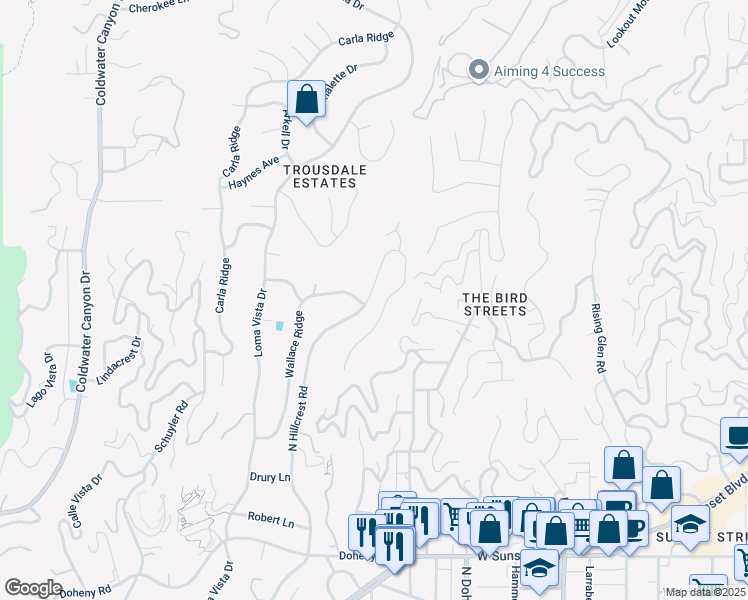 map of restaurants, bars, coffee shops, grocery stores, and more near 1106 Hillcrest Road in Beverly Hills