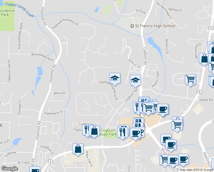 map of restaurants, bars, coffee shops, grocery stores, and more near 2605 Hopewell Plantation Drive in Alpharetta